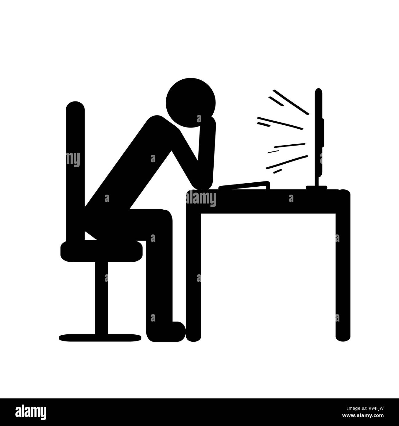 pictogram of a overworked man sitting behind a computer icon working man vector illustration Stock Vector