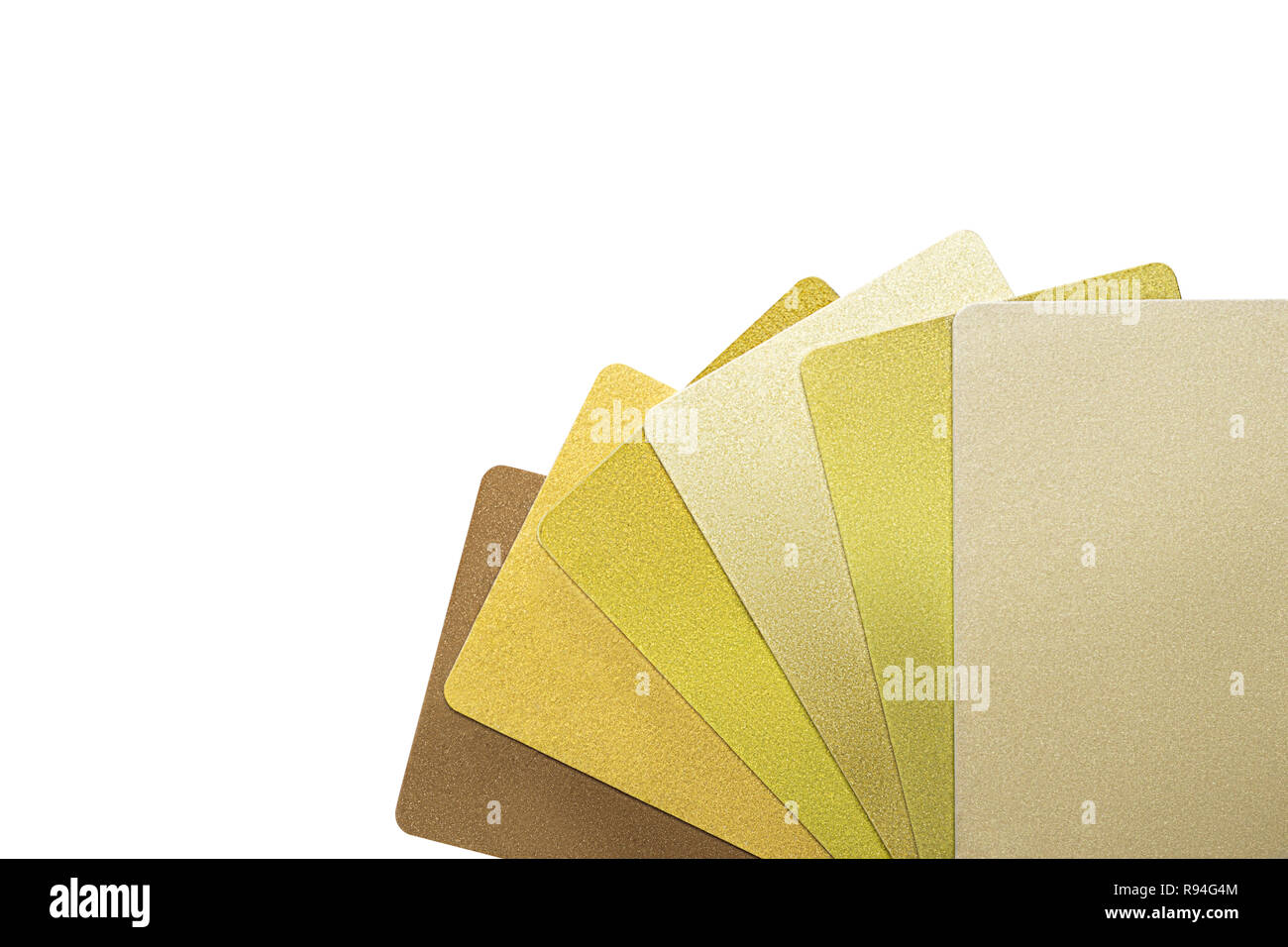 Six gold plastic cards arranged in fan-shaped fashion Stock Photo
