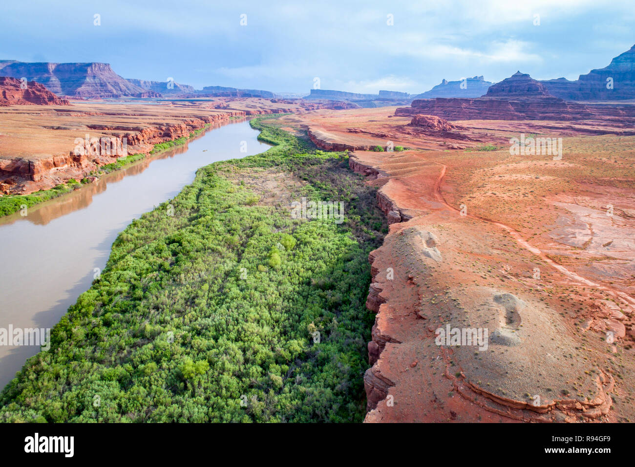 aerial view of the canyon of Colorado River below Moab, Utah, with a ...