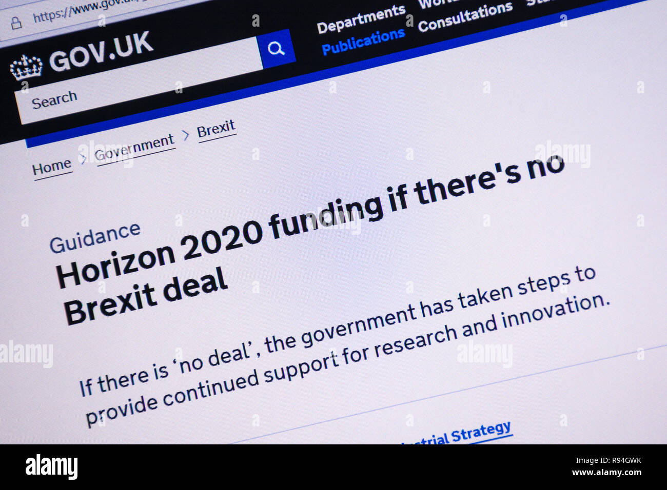 Computer screenshot of the gov.uk website showing information about Horizon 2020 funding if there is no Brexit deal Stock Photo