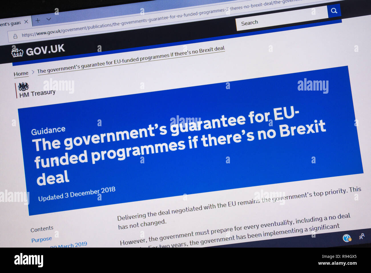 Computer screenshot of the gov.uk website showing the government's guarantee for EU funded programmes if there is no Brexit deal Stock Photo