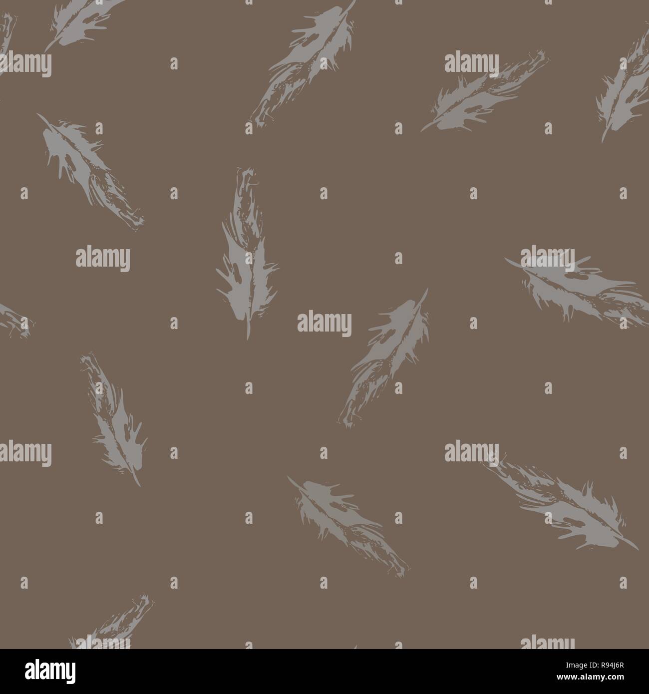 Vector Grunge bird feathers seamless pattern on brown background Stock Vector
