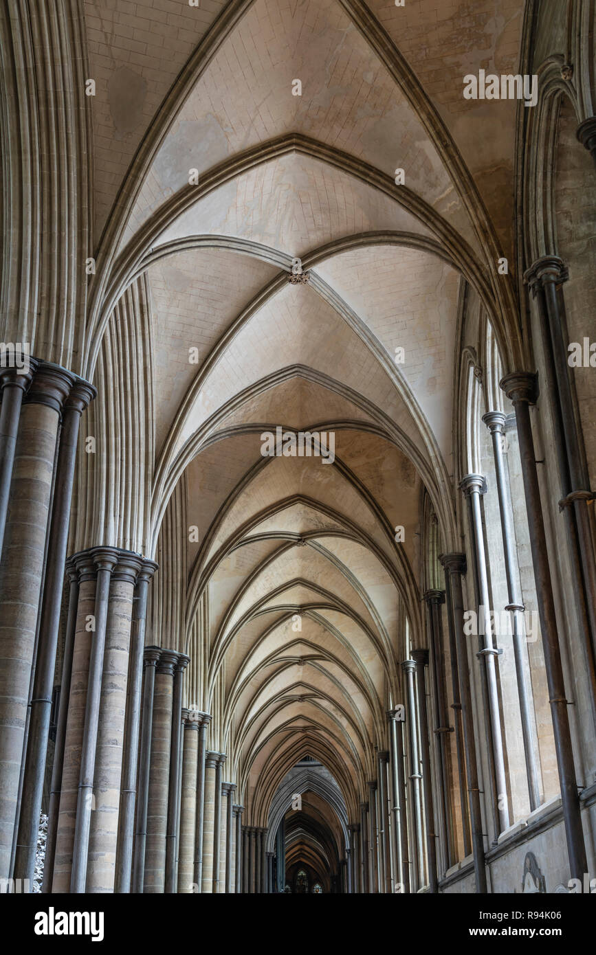 Salisbury Cathedral interior, formally known as the Cathedral Church of the Blessed Virgin Mary, is an Anglican cathedral in Salisbury, Wiltshire, Eng Stock Photo