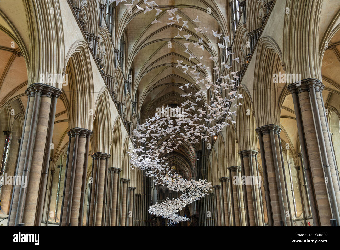 Salisbury Cathedral interior, formally known as the Cathedral Church of the Blessed Virgin Mary, is an Anglican cathedral in Salisbury, Wiltshire, Eng Stock Photo