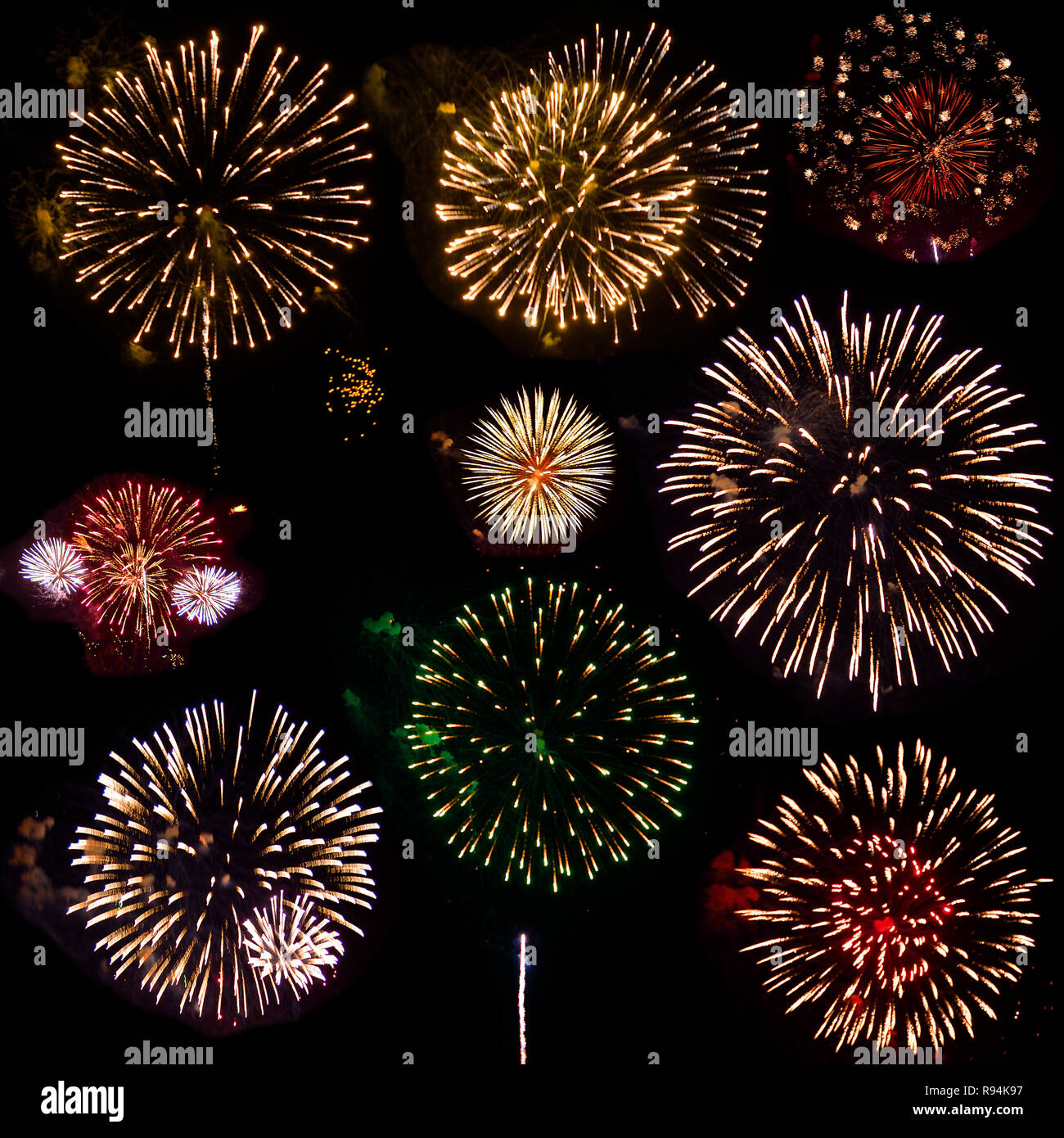 Colorful set of nine exploding fireworks, isolated on black background