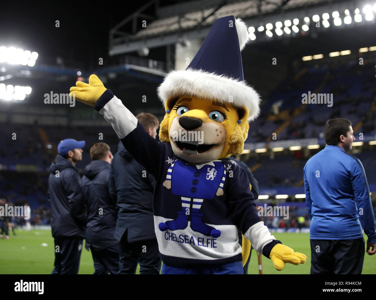 Chelsea mascot Bridgette the lion in a Christmas jumper prior to the