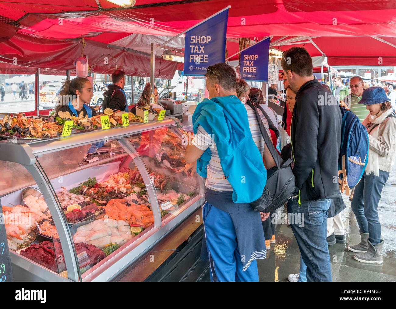 Stall at the Torget Fish Market, Vagen harbour, Bergen, Westland, Norway Stock Photo