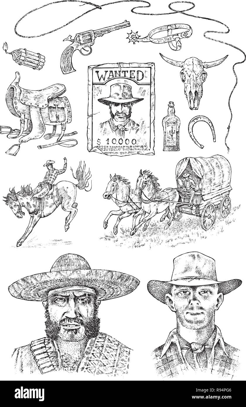 Set of cowboys. Western icons, Texas Ranger equipments. Wild West. Vintage Engraved hand drawn sketch. Portrait of a criminal man, sheriff and saddle, skull of a bull, whip and revolver trap. Stock Vector