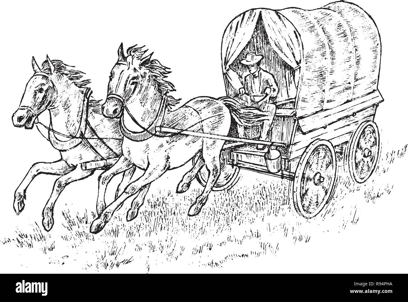 Cowboy in the carriage. Vintage horse harness or sheriff s cart. Western rodeo icon, Texas Ranger, Sheriff in hat. Wild West, Country style. Hand drawn engraved sketch. Stock Vector