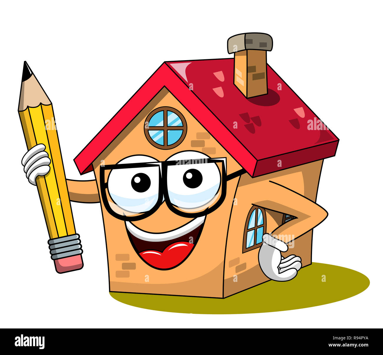 Happy Cartoon fanny house isolated glasses holding big pencil isolated on white Stock Photo Alamy