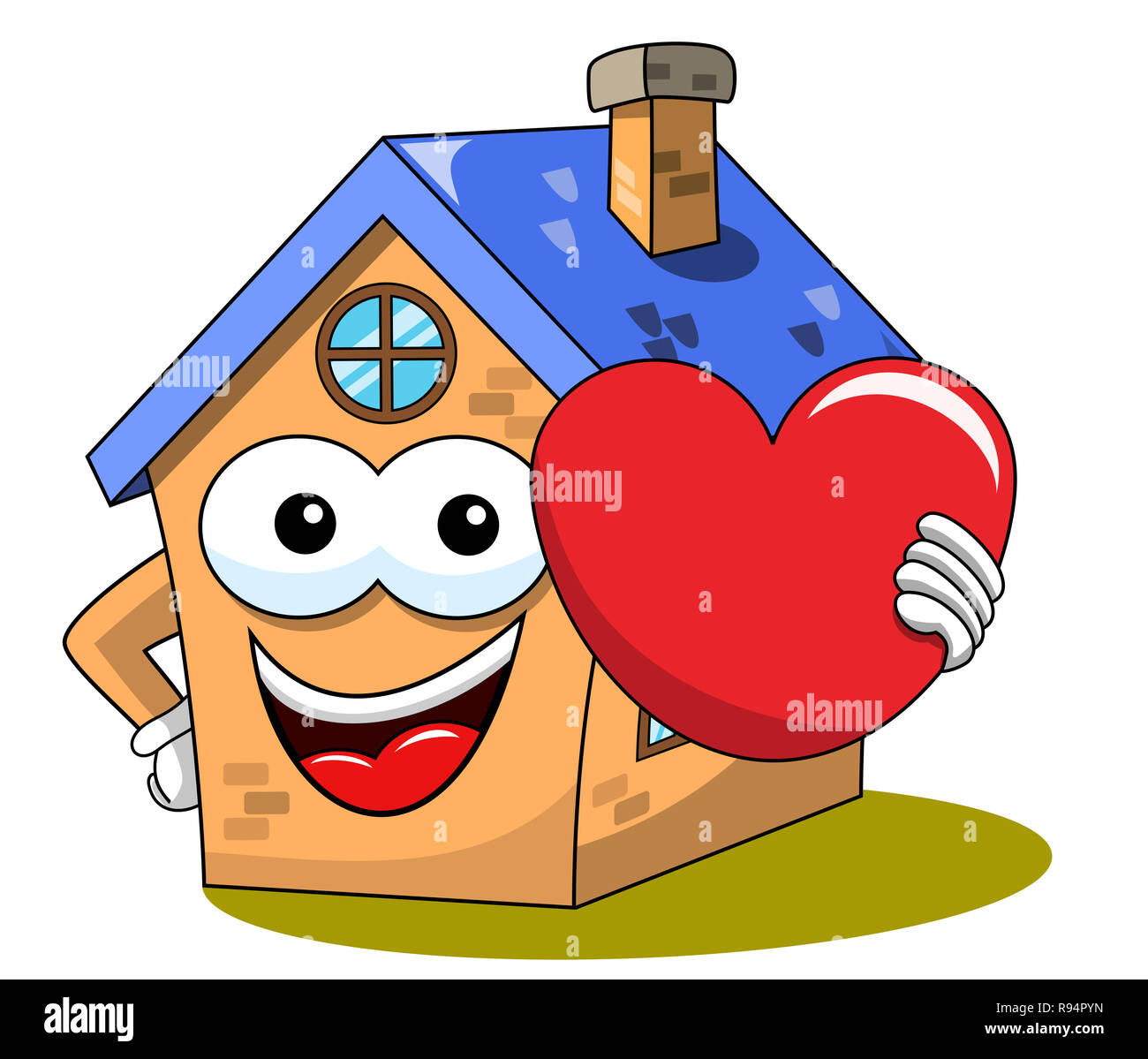 Happy Cartoon fanny house holding big heart isolated on white Stock