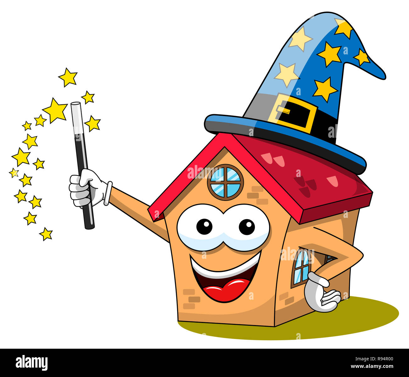 Happy Cartoon fanny house wizard with hat and magic stick isolated on