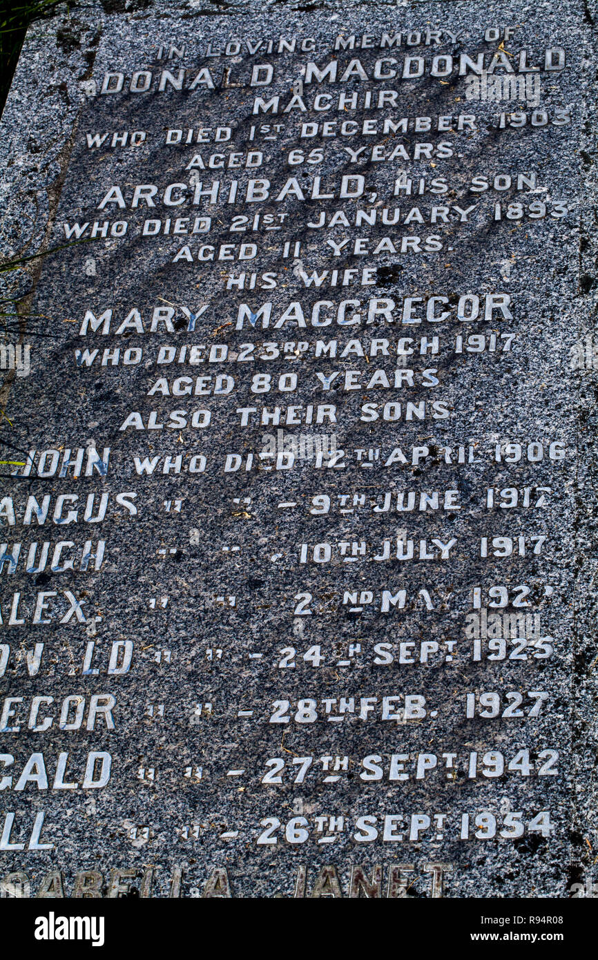 Memorial Stone in the Abbey burial ground, Iona,  of the Donald MacDonald, family, two Wives, and their sons. Family and descendants. Examples of extreme longevity. (First of two-part images of the subject). Stock Photo