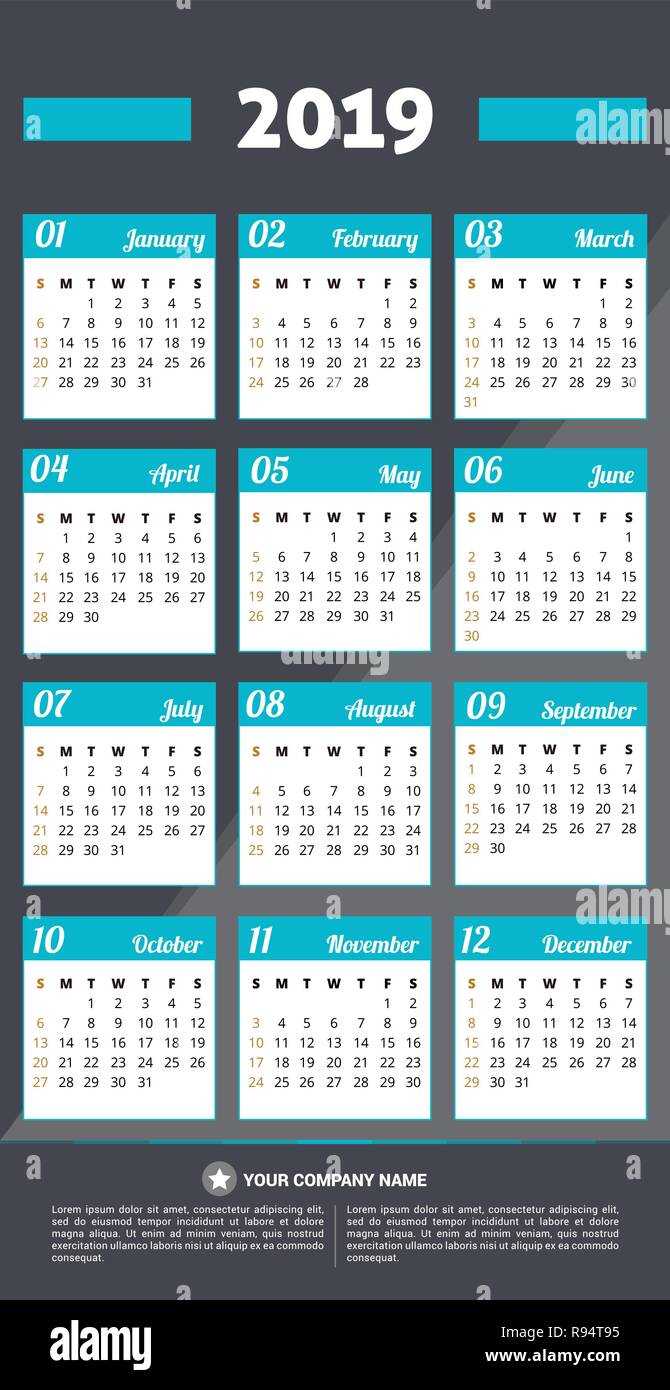 Calendar 2019 vector design. All elements are on separate layers. Vector, illustration, eps 10 Stock Vector
