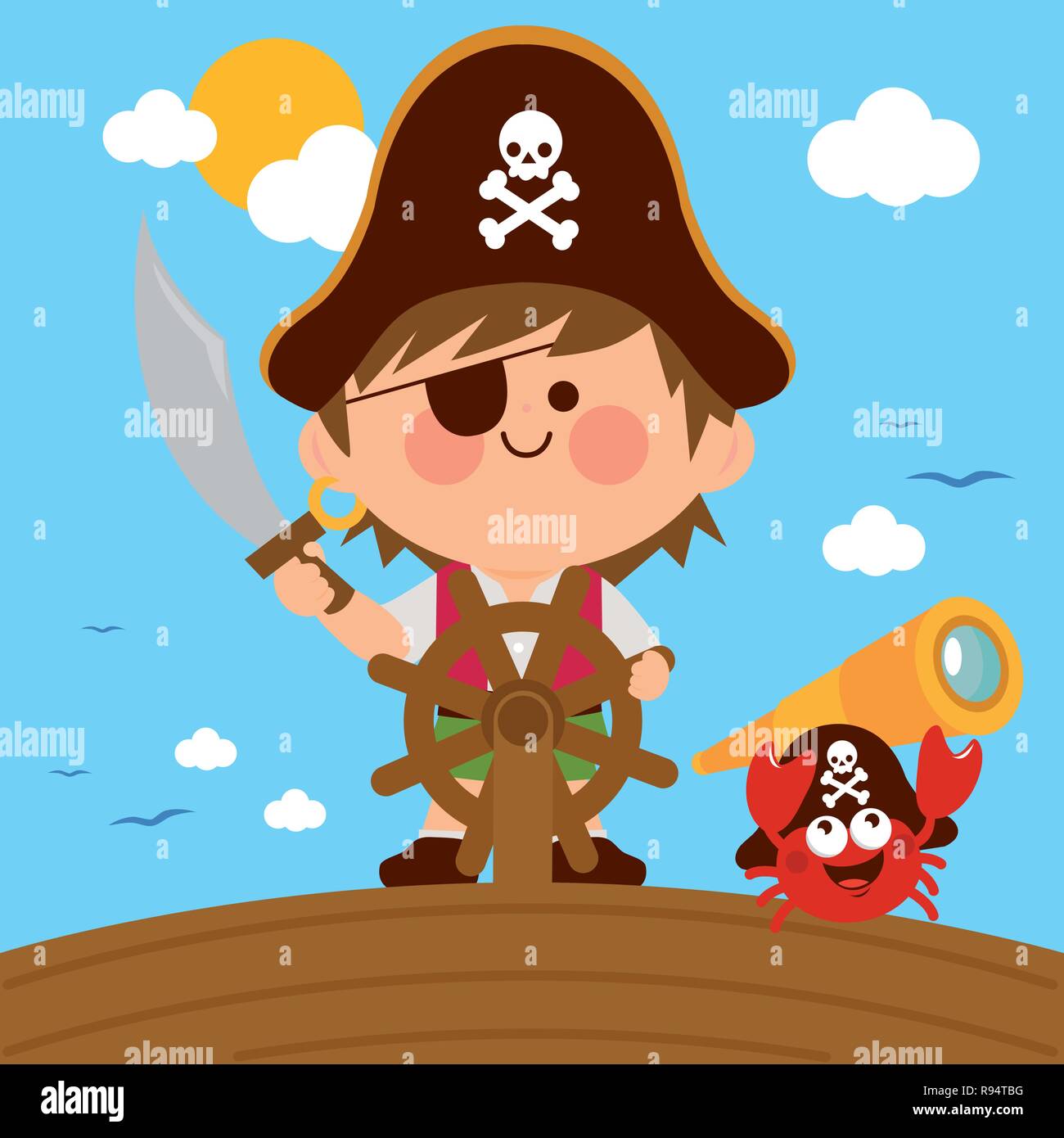 Pirate boy captain sailing on ship with steering wheel and a crab with a  telescope. Vector illustration Stock Vector Image & Art - Alamy