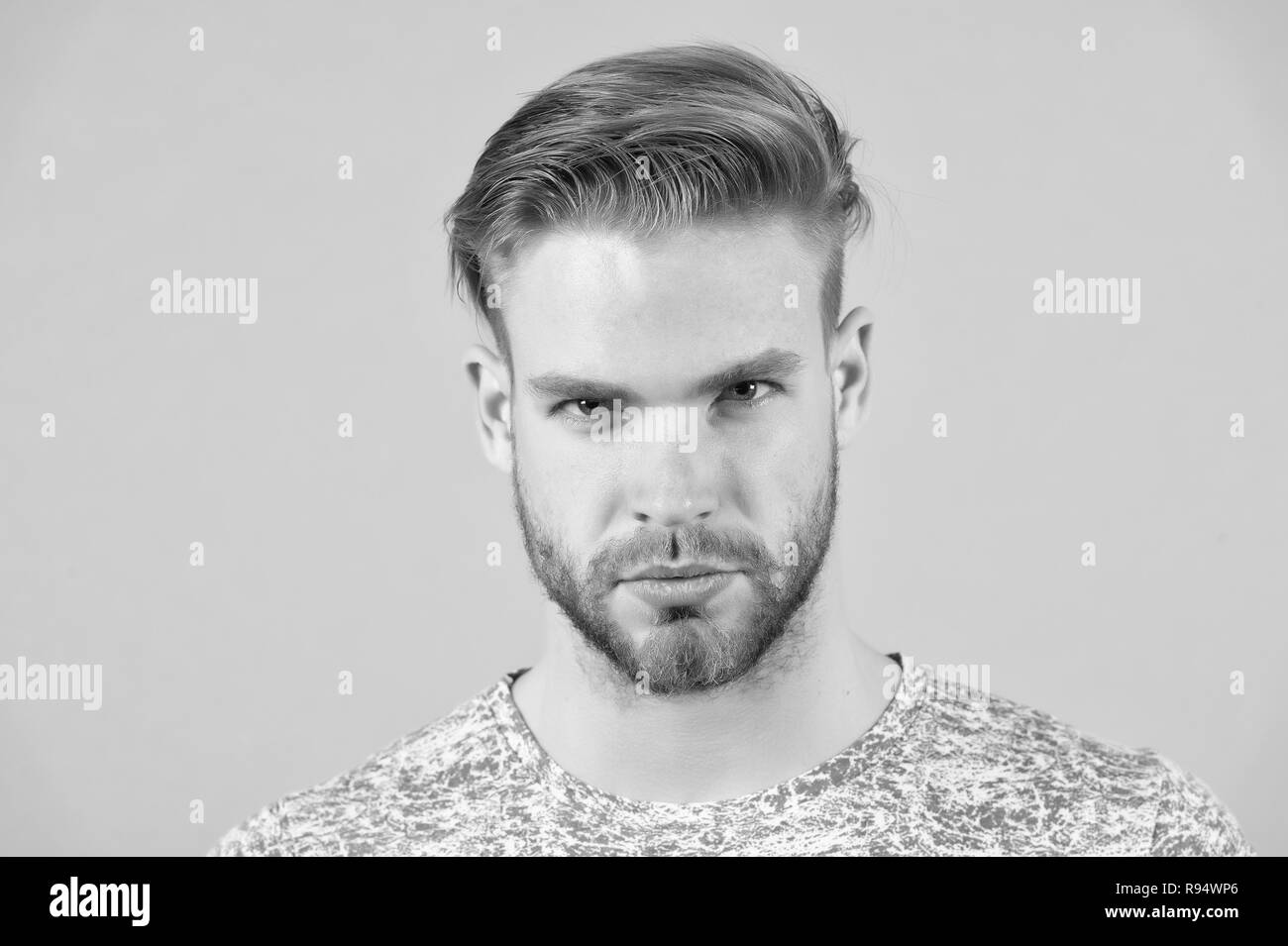 Man bearded confident face, grey background. Skin care concept. Man ...