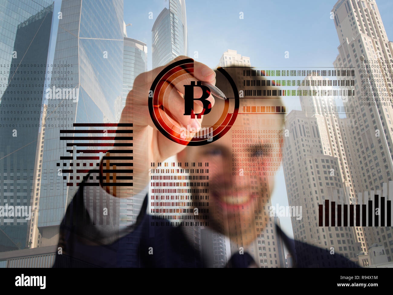 Man Interact Virtual Display Business Graphics Create Bitcoin - 