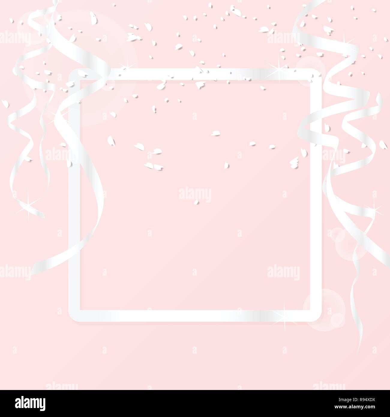 greeting card background with luxury silver border frame and decoration with silver ribbon and glitter isolated on pink background. vector illustratio Stock Vector