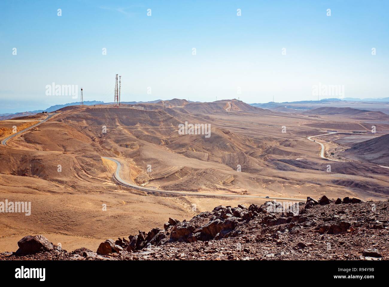 Israeli asphalt road from Eilat to Tel Aviv. Road through Negev desert