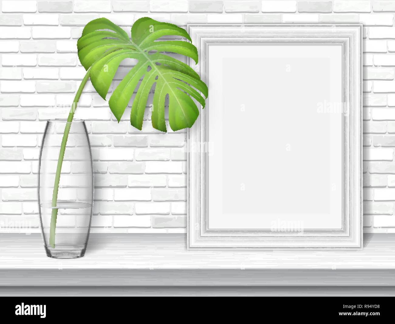Monstera leaf and picture frame on a white table on brick wall background. Stock Vector