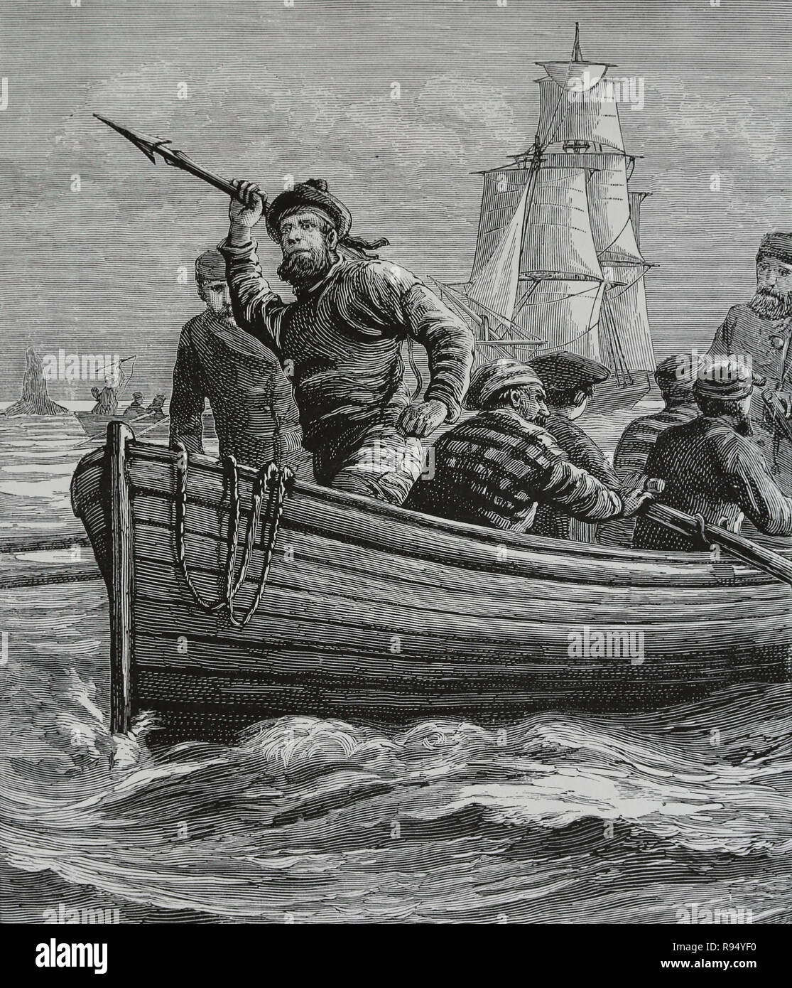 Whalers hunting in the Arctic. Engraving, 19th century. Stock Photo