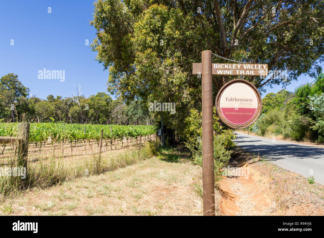 Fairbrossen Winery and Cafe sign along the Bickley Valley Wine Trail, Carmel, Western Australia Stock Photo