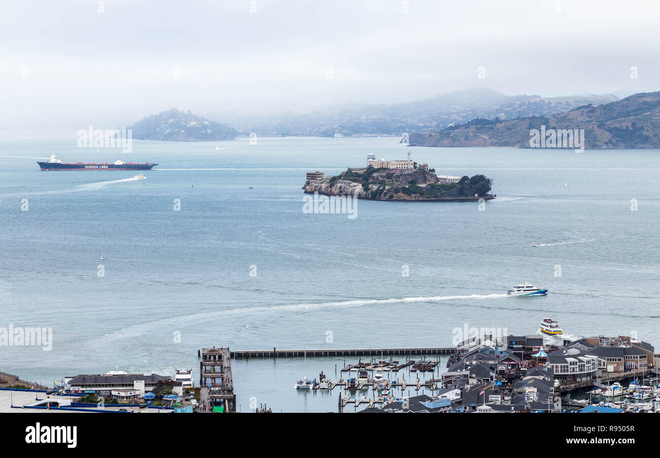 Aerial view of Alcatraz from Coit Tower Stock Photo
