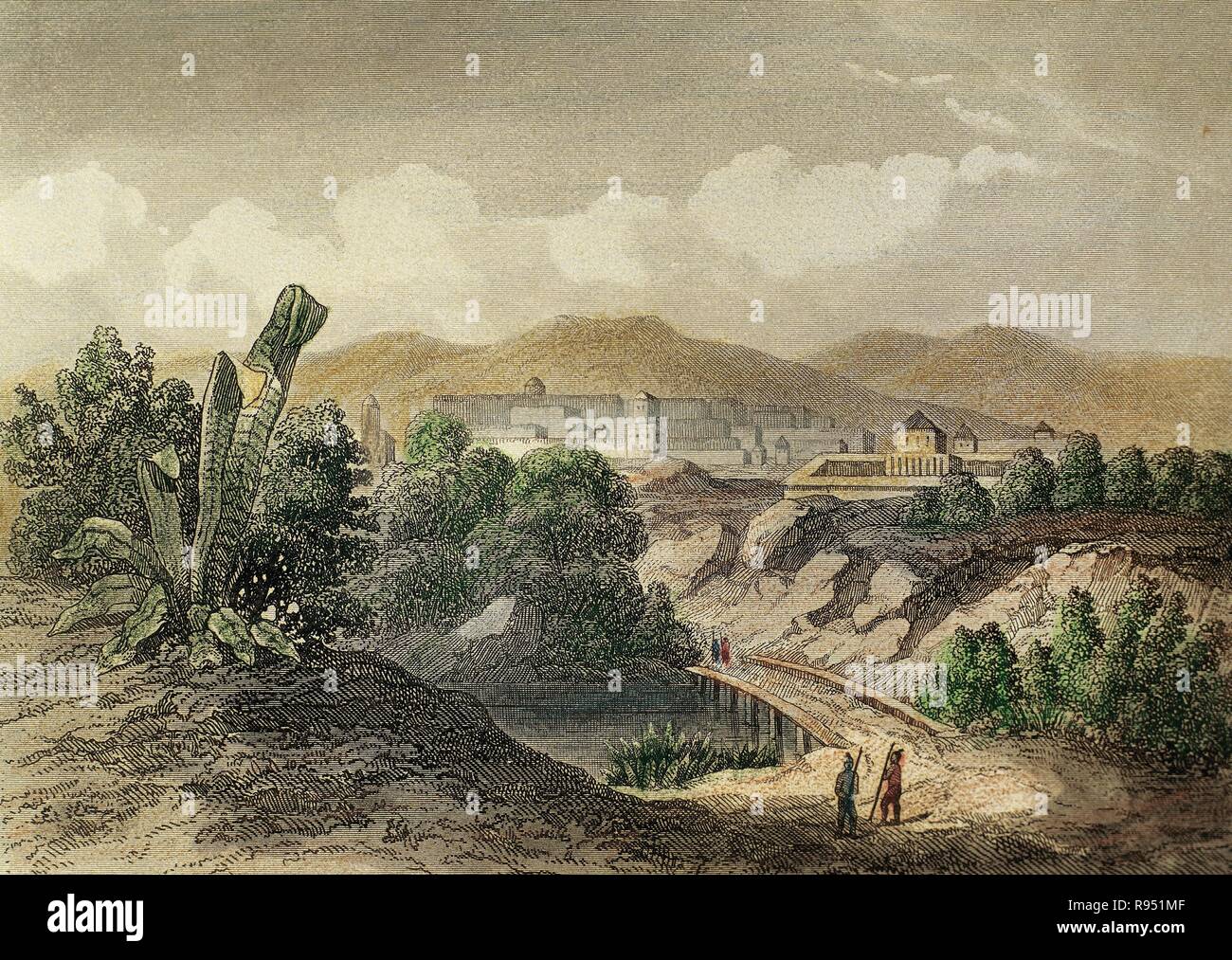 PERU. CUZCO. Ciudad fundada el 15 de noviembre de 1533 por Francisco Pizarro. La denominó Ciudad Noble y Grande y fue capital del Imperio Inca. Grabado del año 1850. Stock Photo