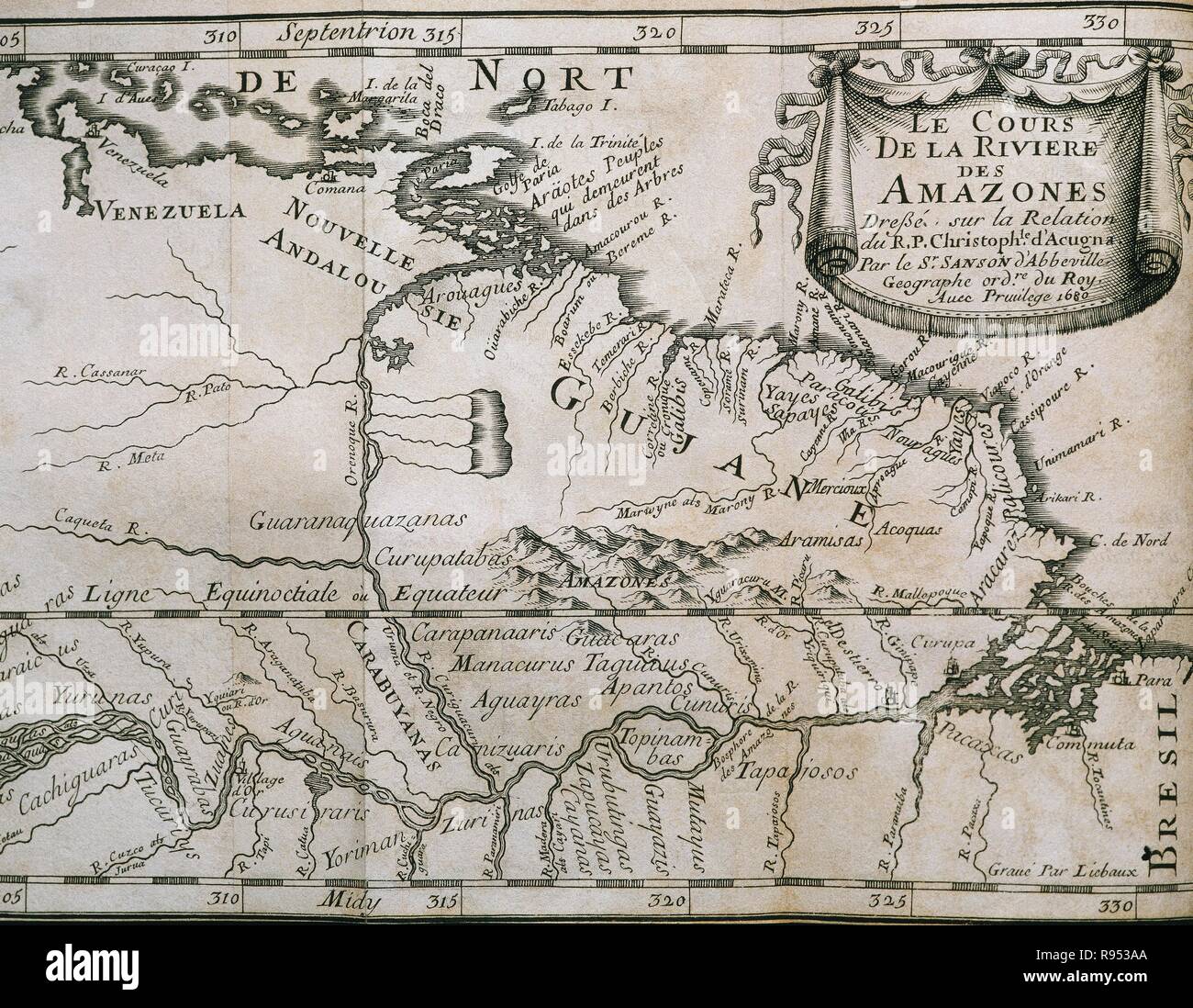 Map of the Amazon area of Guiana. It belongs to the work 'Relation de la Riviere des Amazones', Paris, 1680. Written by Cristobal de Acuna (1597-1676), Spanish Jesuit missionary. Engraving. Stock Photo