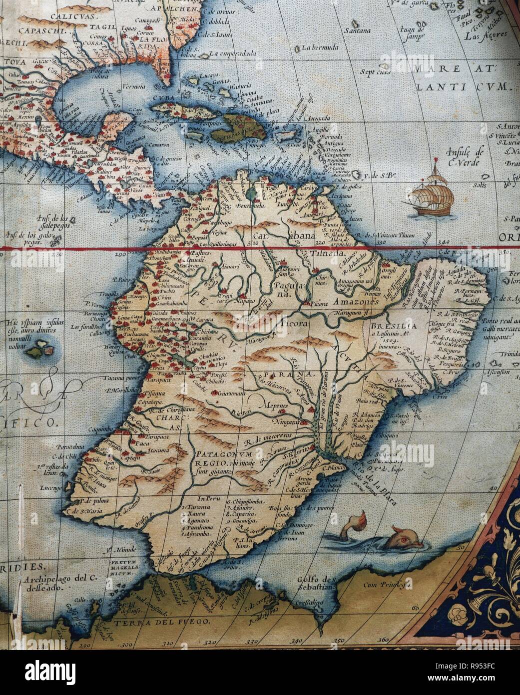 Map of Central and South America. Theatrum Orbis Terrarum by Abraham Ortelius (1527-1598). First Edition. Antwerp, 1574. Stock Photo