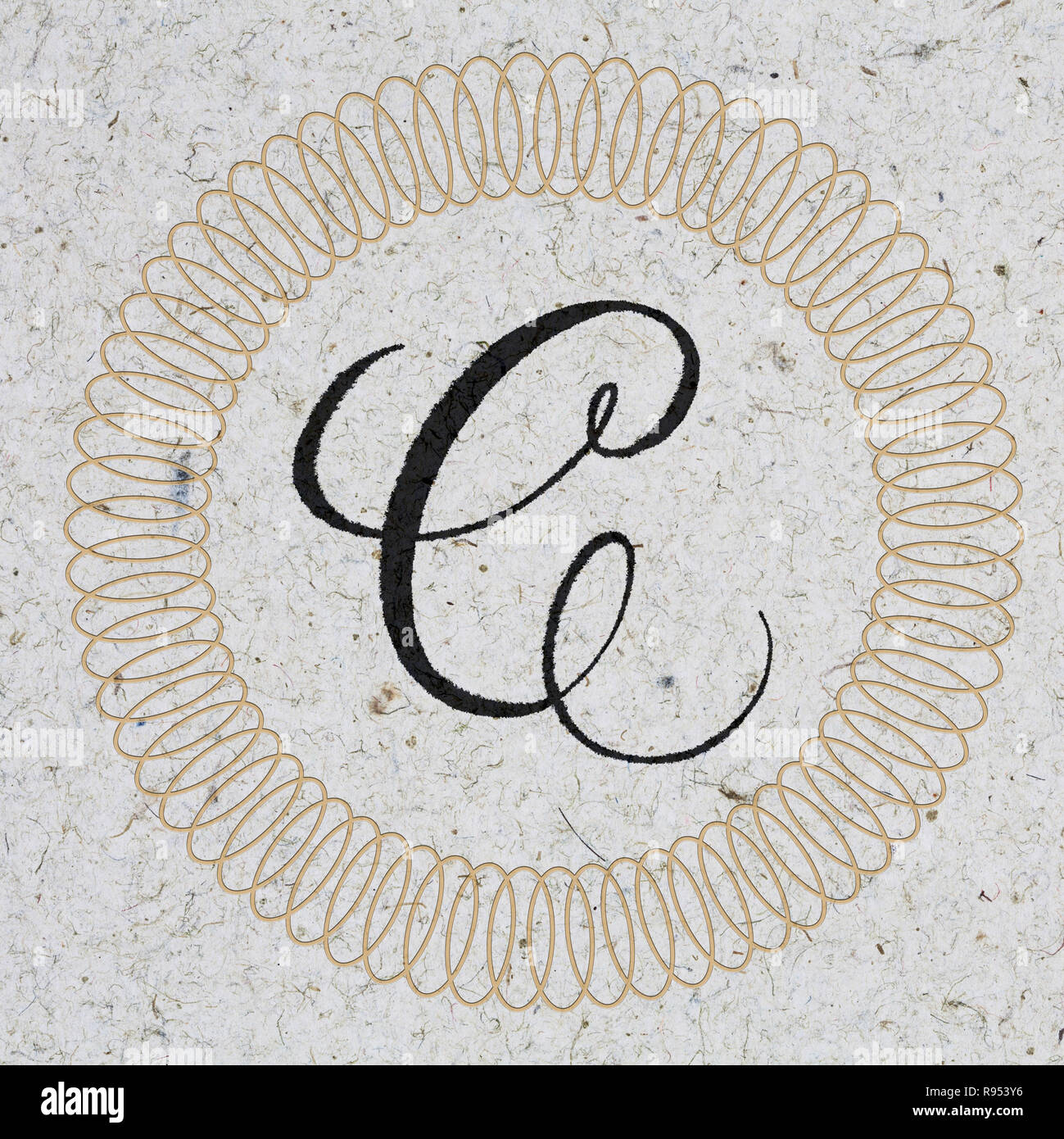 Letter C hand lettering monogram - ink on kraft paper with ornament Stock Photo