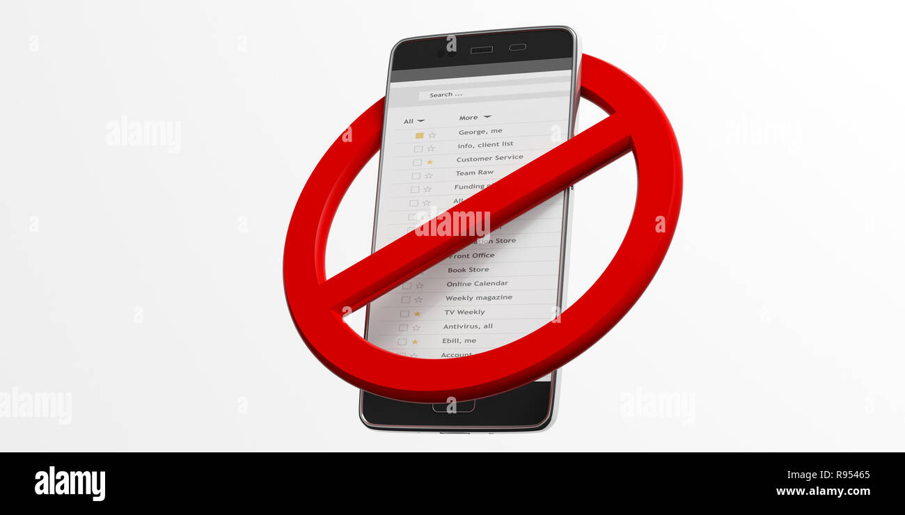 NO MOBILE PHONES USE, crossed out sign. Smartphone in red circle isolated cutout against white background. 3d illustration Stock Photo