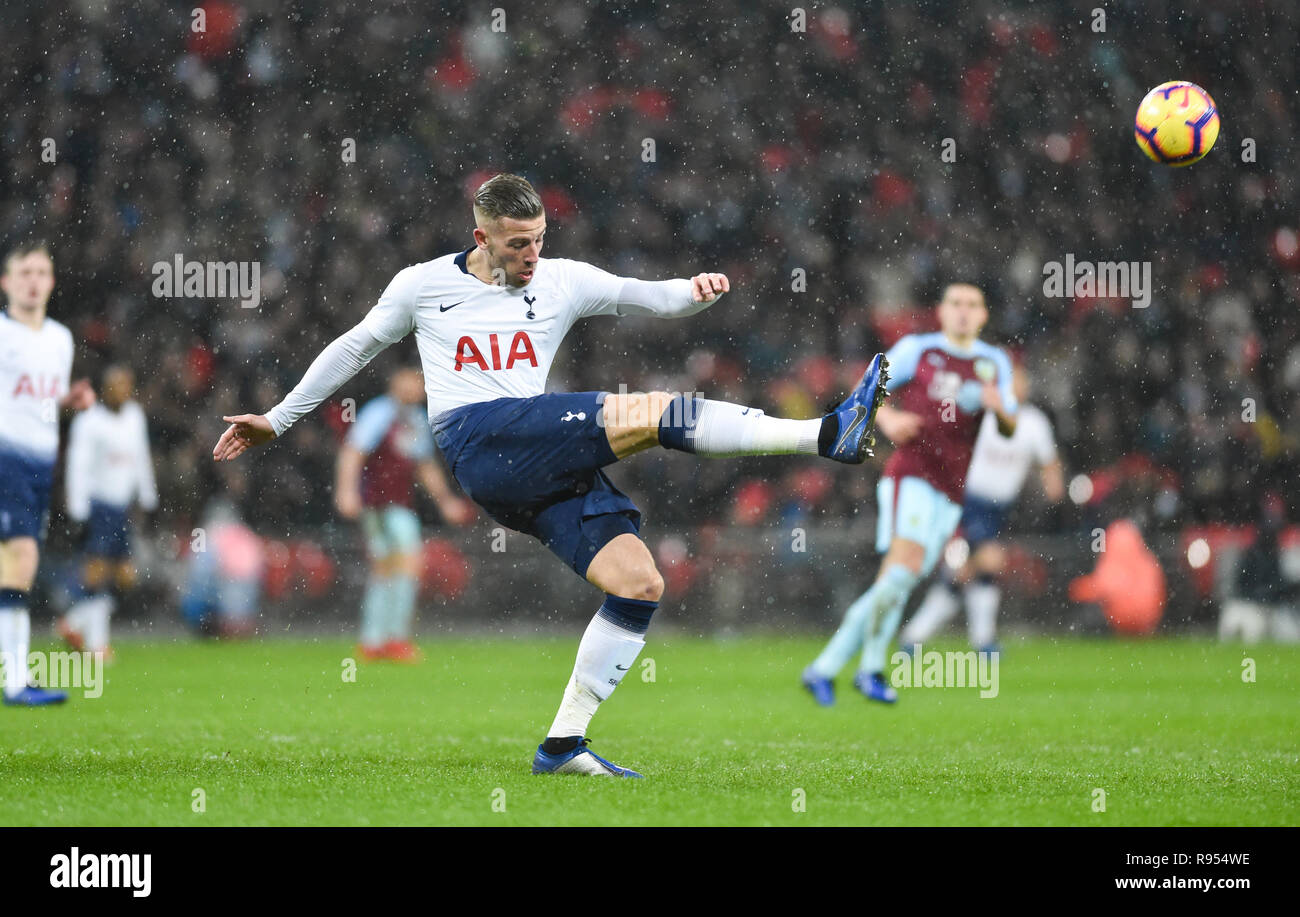 Toby Alderweireld of Spurs with a clearance during the Premier League match between Tottenham Hotspur and Burnley at Wembley Stadium ,London , 15 December 2018 Editorial use only. No merchandising. For Football images FA and Premier League restrictions apply inc. no internet/mobile usage without FAPL license - for details contact Football Dataco Stock Photo