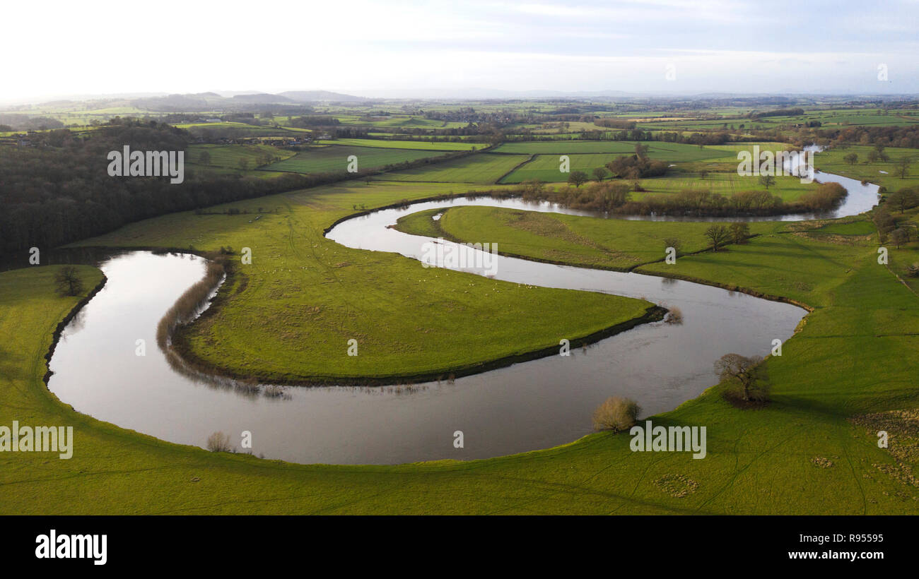 Aerial view of the River Severn winding its way through Leighton in Shropshire Stock Photo