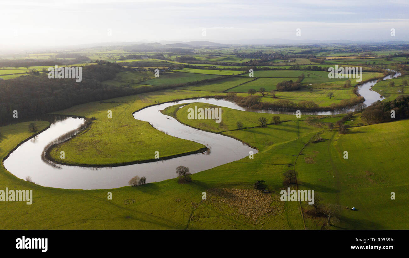 Aerial view of the River Severn winding its way through Leighton in Shropshire Stock Photo