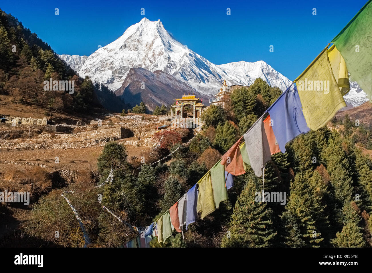 Manaslu (Manasulu ), the world's 8th highest mountain in the Nepal Himalayas Stock Photo