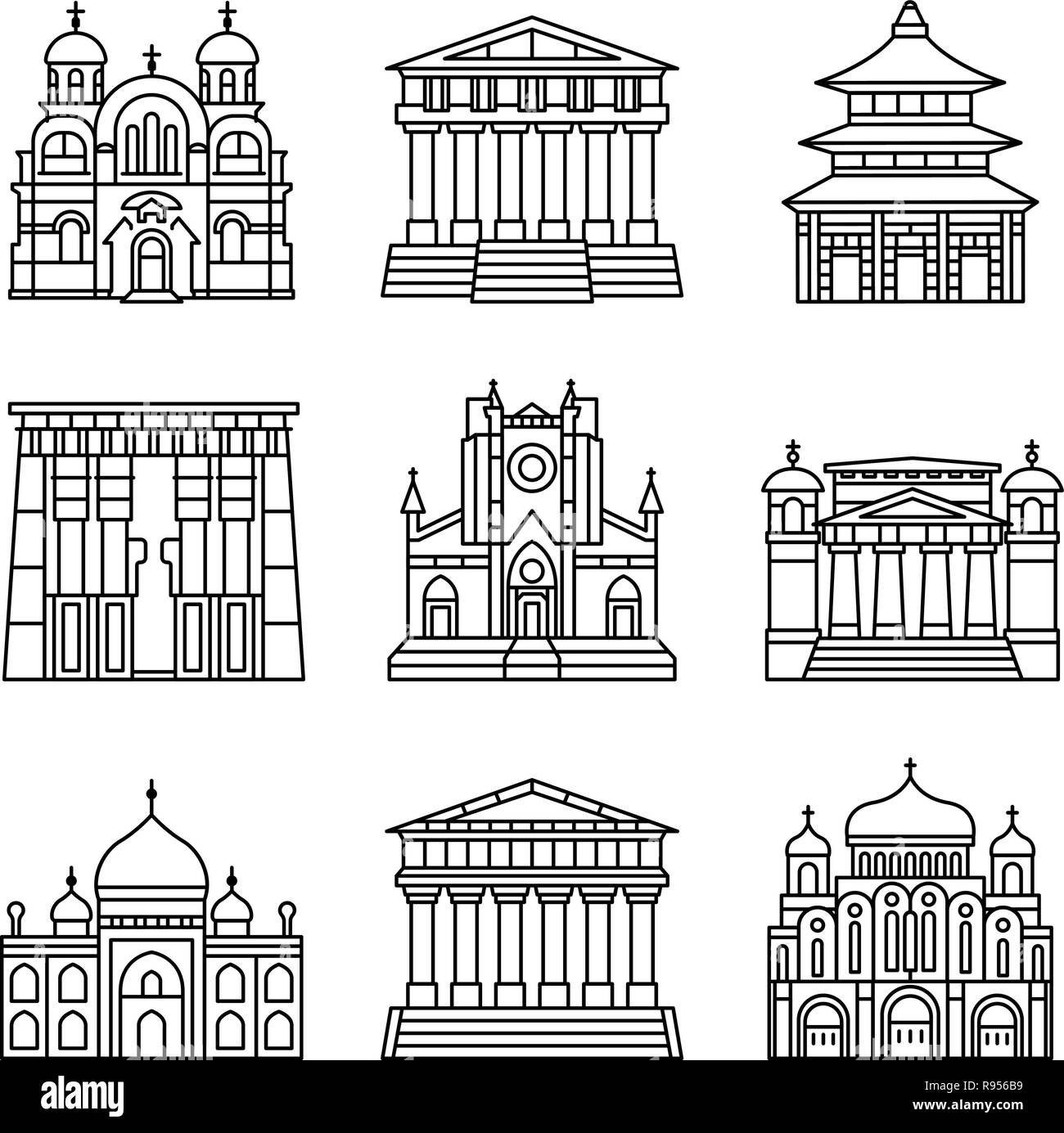 Temple icon set, outline style Stock Vector