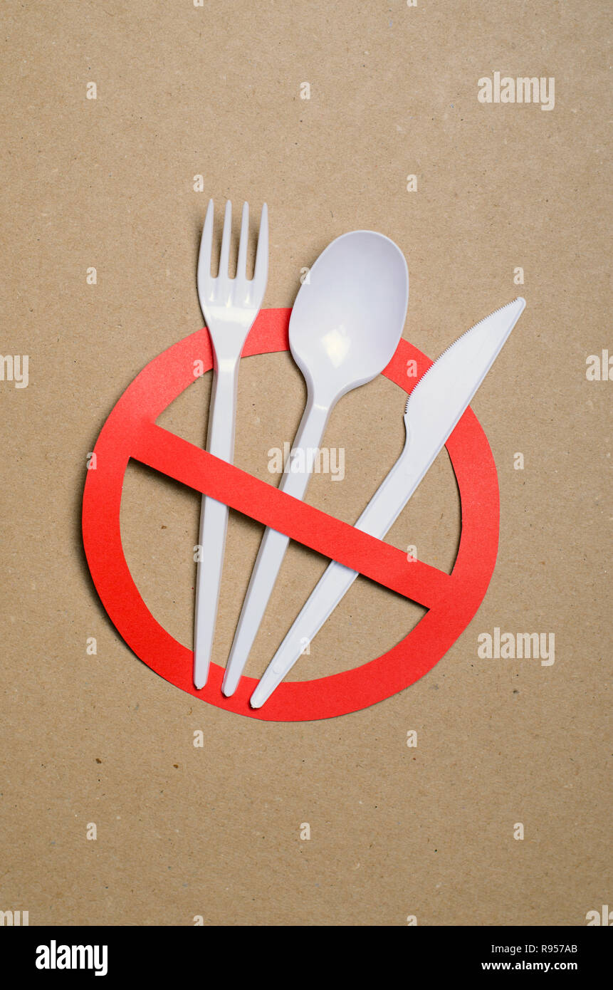 No Plastic Cutlery, Plastic Pollution and Environmental Protection Concept, Top View Stock Photo