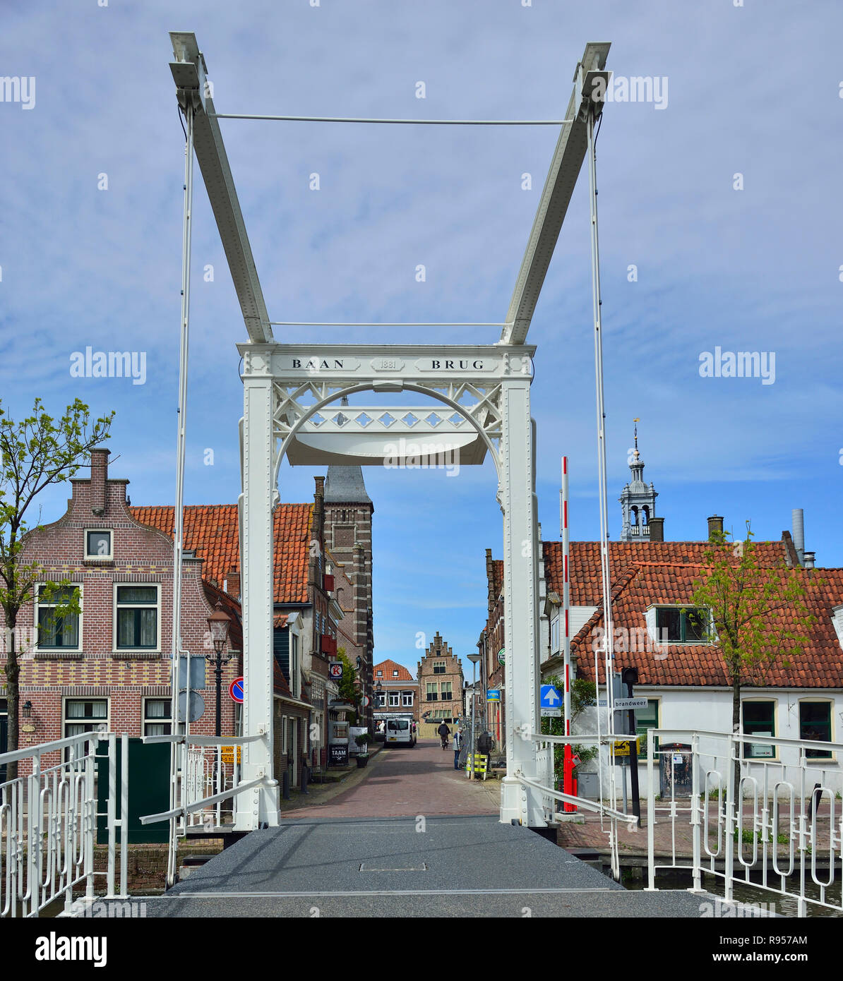 Vertical lifting bridge in the  pretty Dutch small town of Edam well known for its cheese making, Holland, The Netherlands Stock Photo