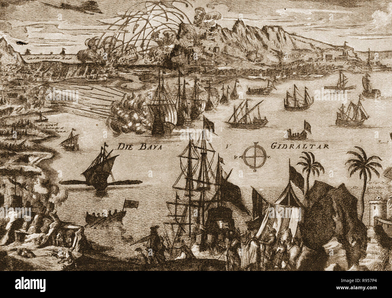 An old print showing the unsuccessful  Spanish (with the French Navy) attempt to regain Gibraltar from the British in 1772 despite a long siege (The great siege of Gibraltar) during the American War of Independence. At three years and seven months, It was the longest siege endured by the British Armed Forces and one of the longest sieges known to history. Stock Photo