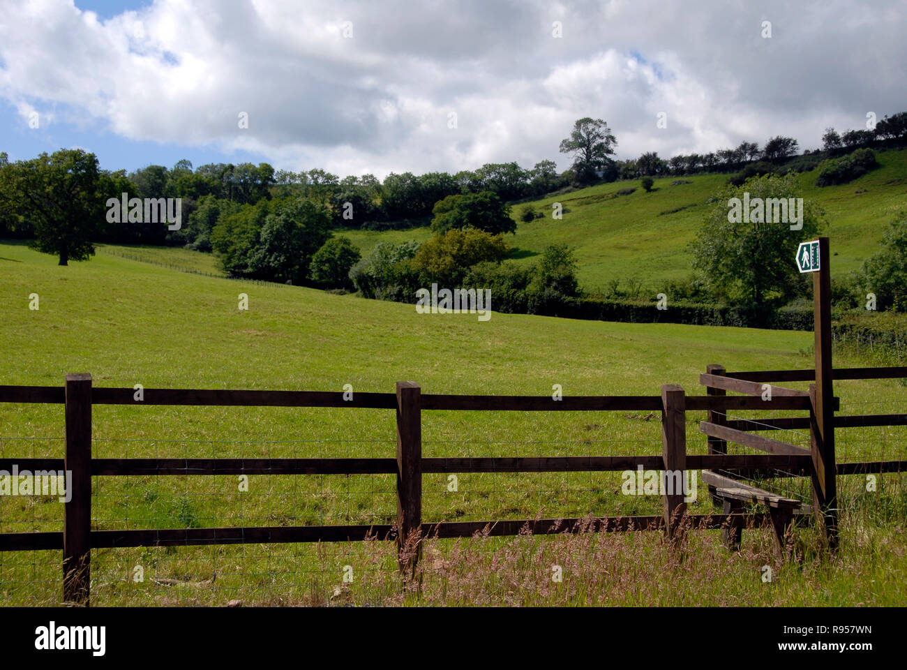 Wooden fence with stile by signpost indicating public footpath over field Stock Photo
