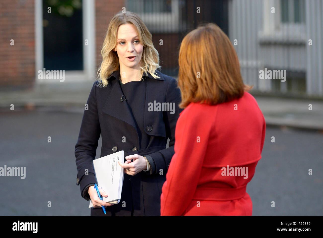 Kate McCann (SKY News reporter) with Kay Burley (News presenter) reporting live from Downing Street, December 2018 Stock Photo