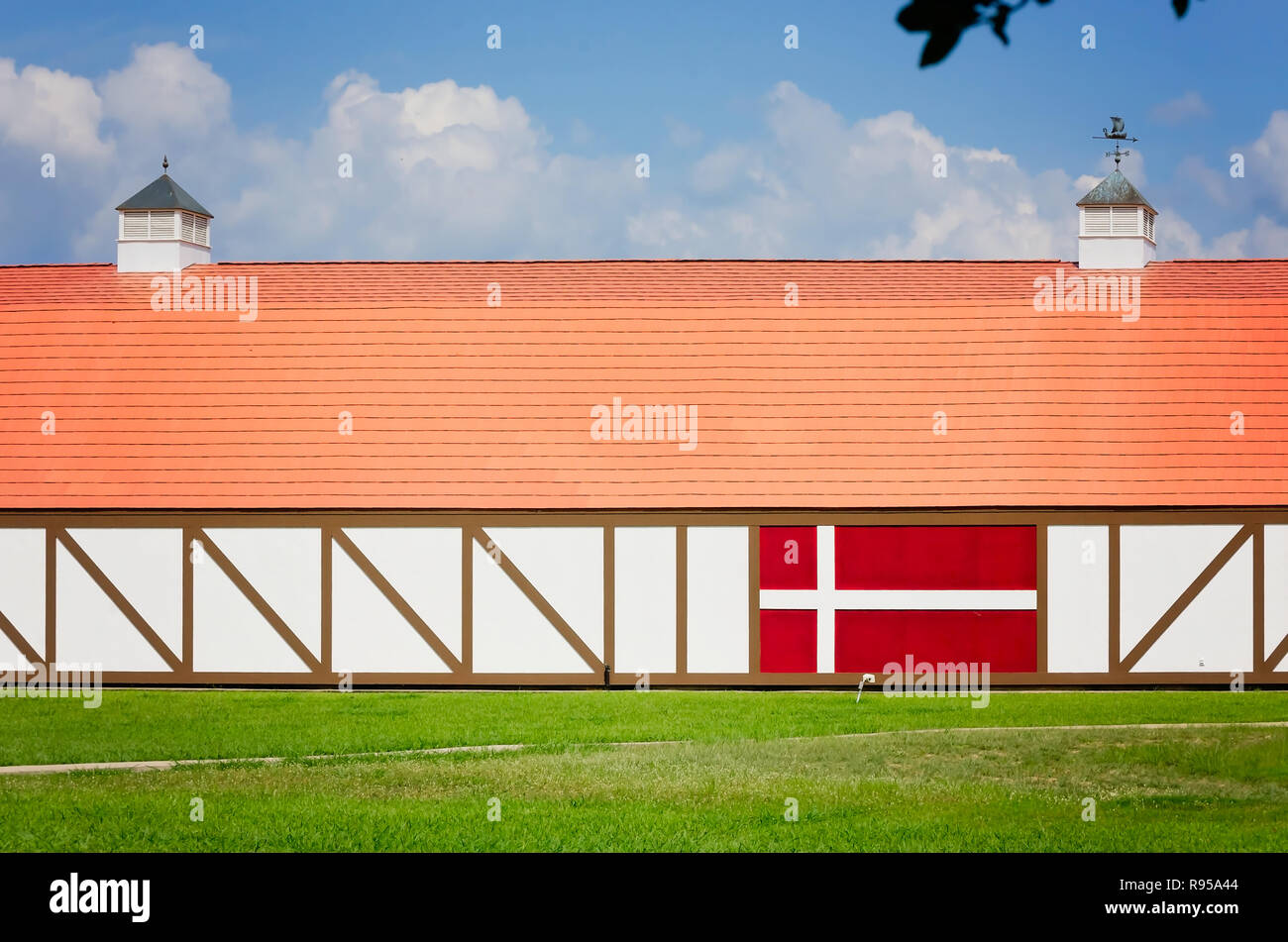 The Danish Heritage Museum is pictured, Sept. 3, 2017, in Danevang, Texas. The museum is paintedwith a Denmark flag motif. Stock Photo