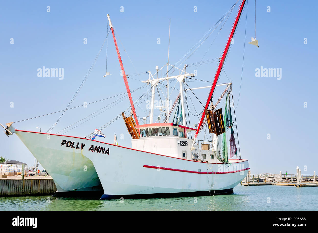 Polly Anna sits docked in Port Aransas Municipal Boat Harbor, Aug. 23, 2018, in Port Aransas, Texas. Stock Photo