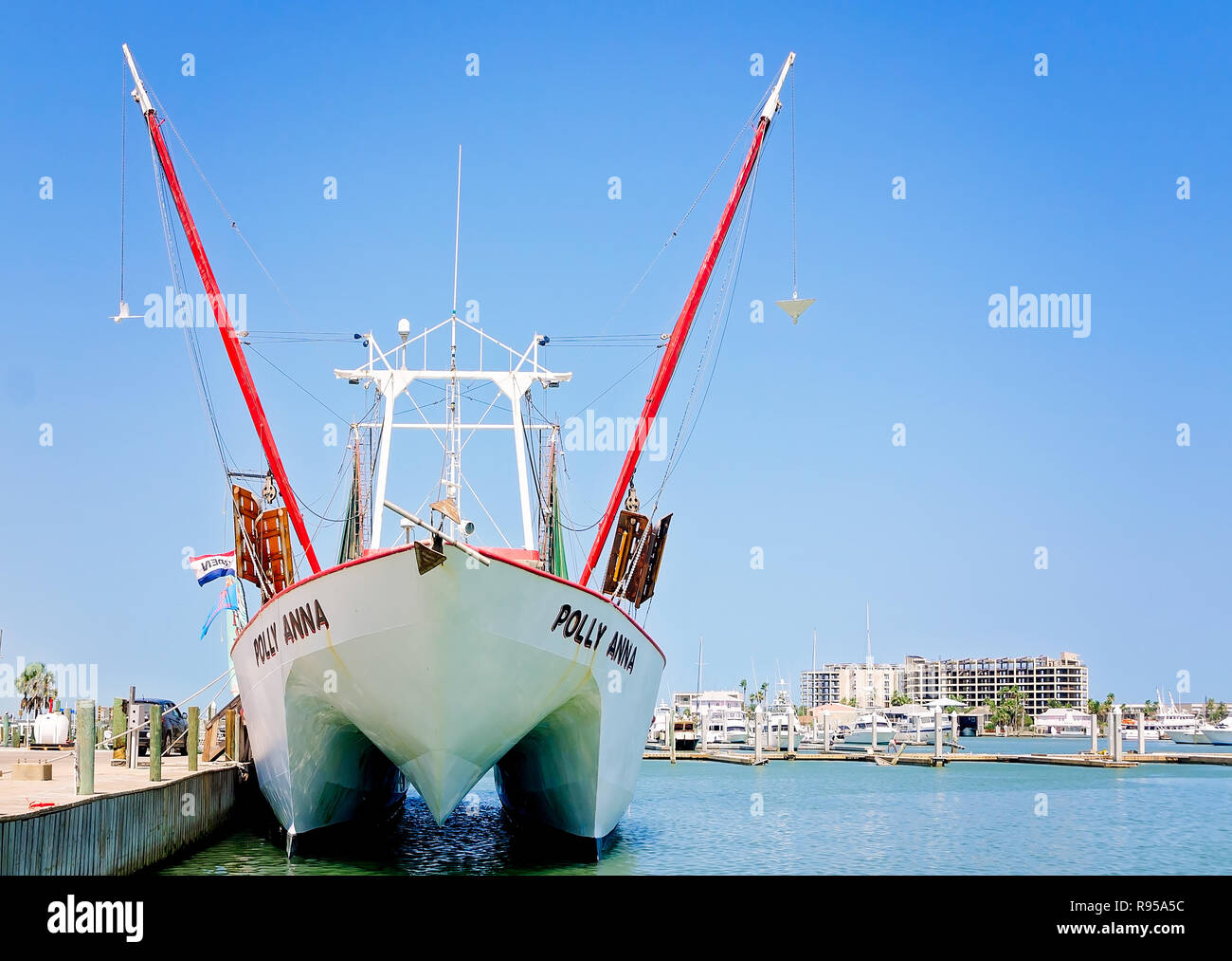 Polly Anna sits docked in Port Aransas Municipal Boat Harbor, Aug. 23, 2018, in Port Aransas, Texas. Stock Photo