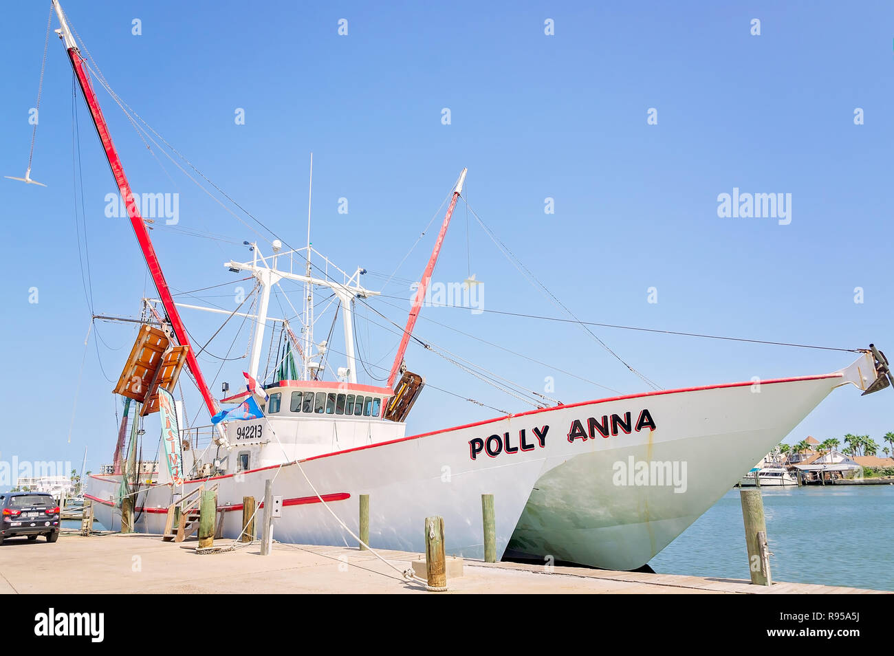 Polly Anna sits docked in Port Aransas Municipal Boat Harbor, Aug. 23, 2018, in Port Aransas, Texas. Stock Photo