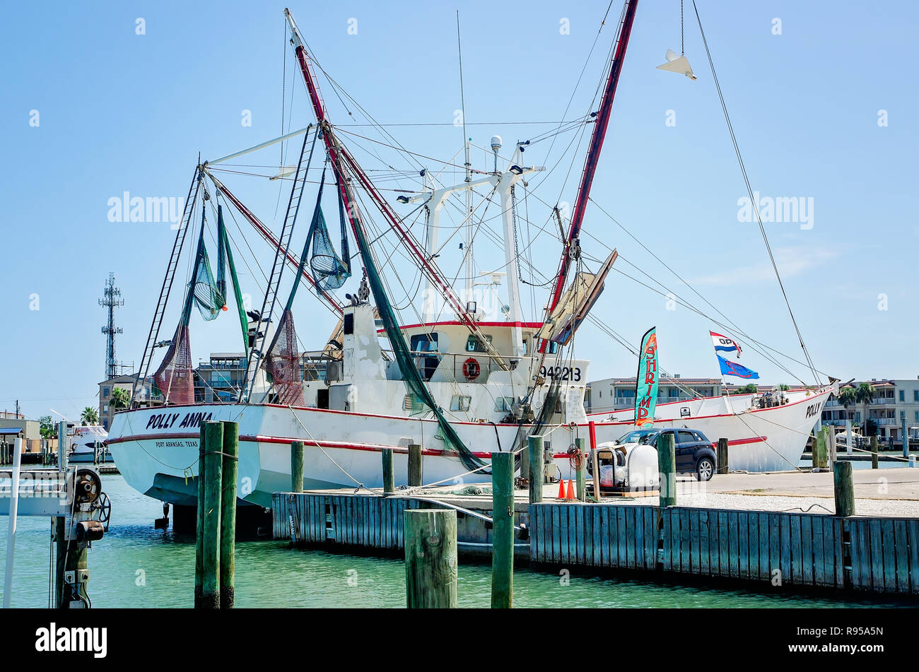 Polly Anna sits docked in Port Aransas Municipal Boat Harbor, Aug. 23, 2018, in Port Aransas, Texas. Stock Photo