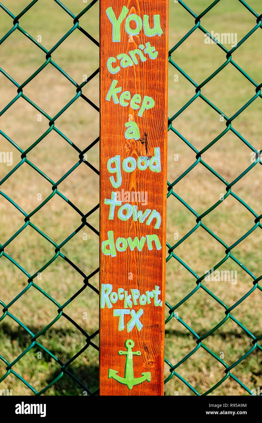 A sign hangs on a “gratitude fence” at the Texas Maritime Museum on the anniversary of Hurricane Harvey in Rockport, Texas. Stock Photo