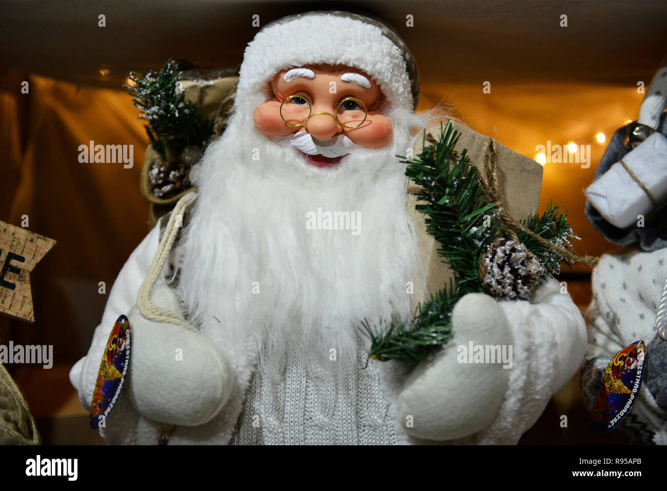 Portrait of a Santa Claus / Father Christmas mannequin exhibited at the Christmas market in Leipzig, Germany. Stock Photo