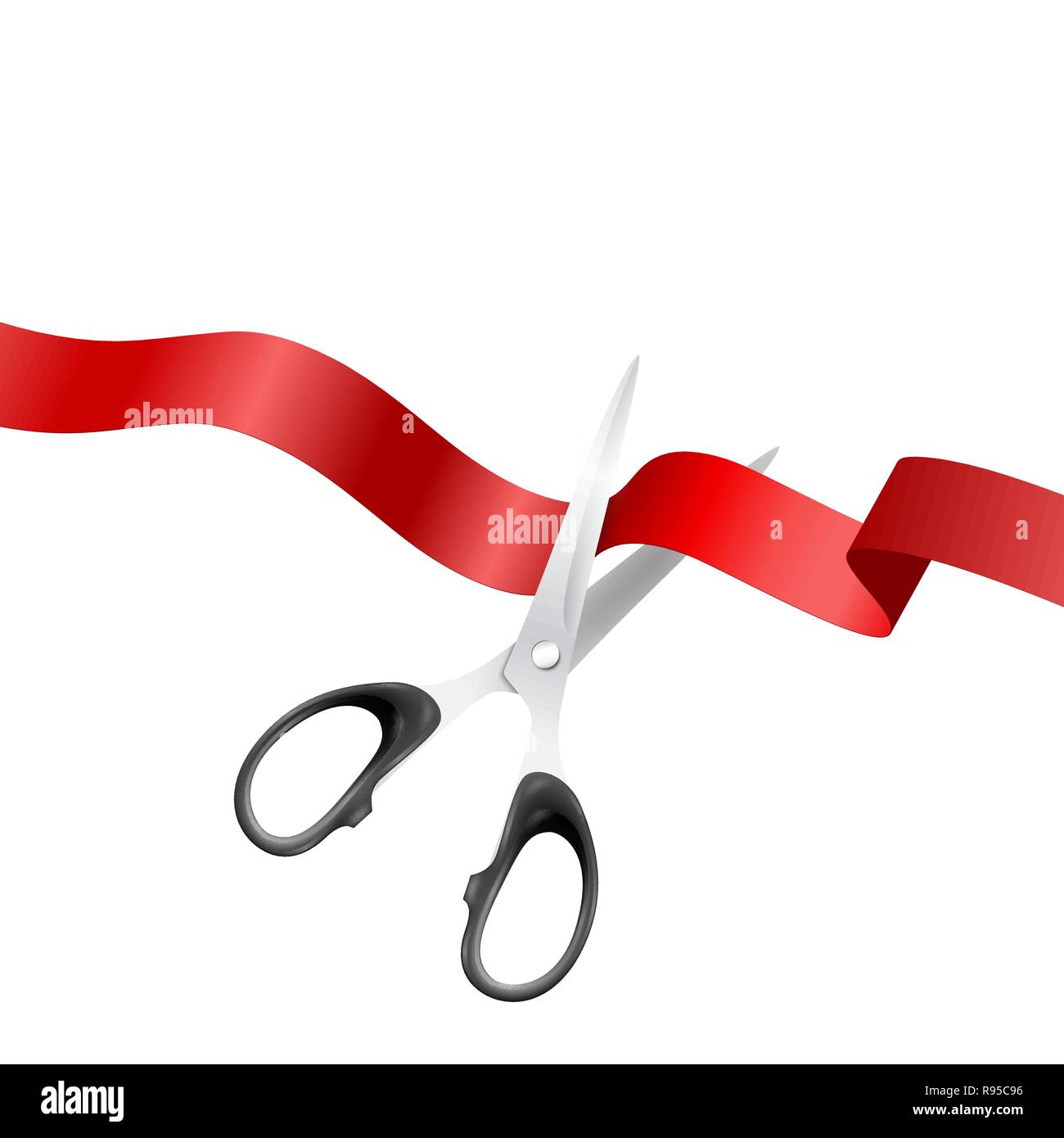Grand Opening Background with Realistic Metal Silver Scissors and Red Ribbon Closeup Isolated on White Background. Design Template of Classic Scissors Cutting Red Ribbon Banner for Opening Ceremony Stock Vector